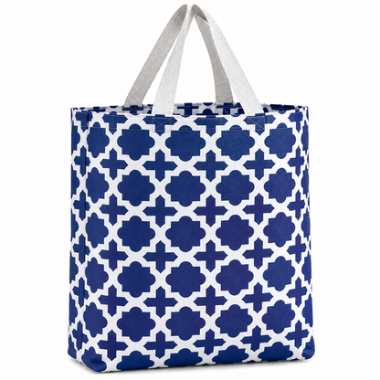 Cloth tote bag with blue geometric print and gray handles