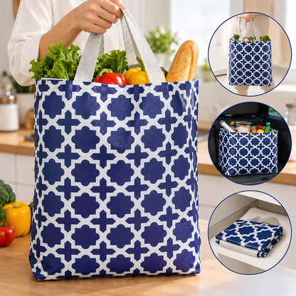 Printed cloth tote bag carried by its gray handles, filled with groceries