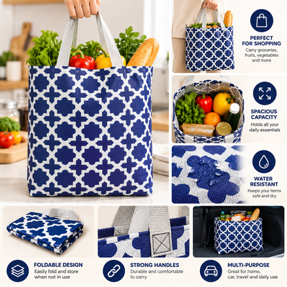 Cloth grocery tote with blue geometric print, shown folded and filled