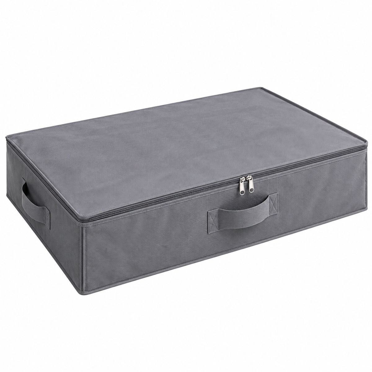 Gray under-bed storage organizer with a zippered lid and fabric carry handles