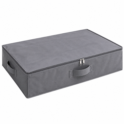 Gray under-bed storage organizer with a zippered lid and fabric carry handles