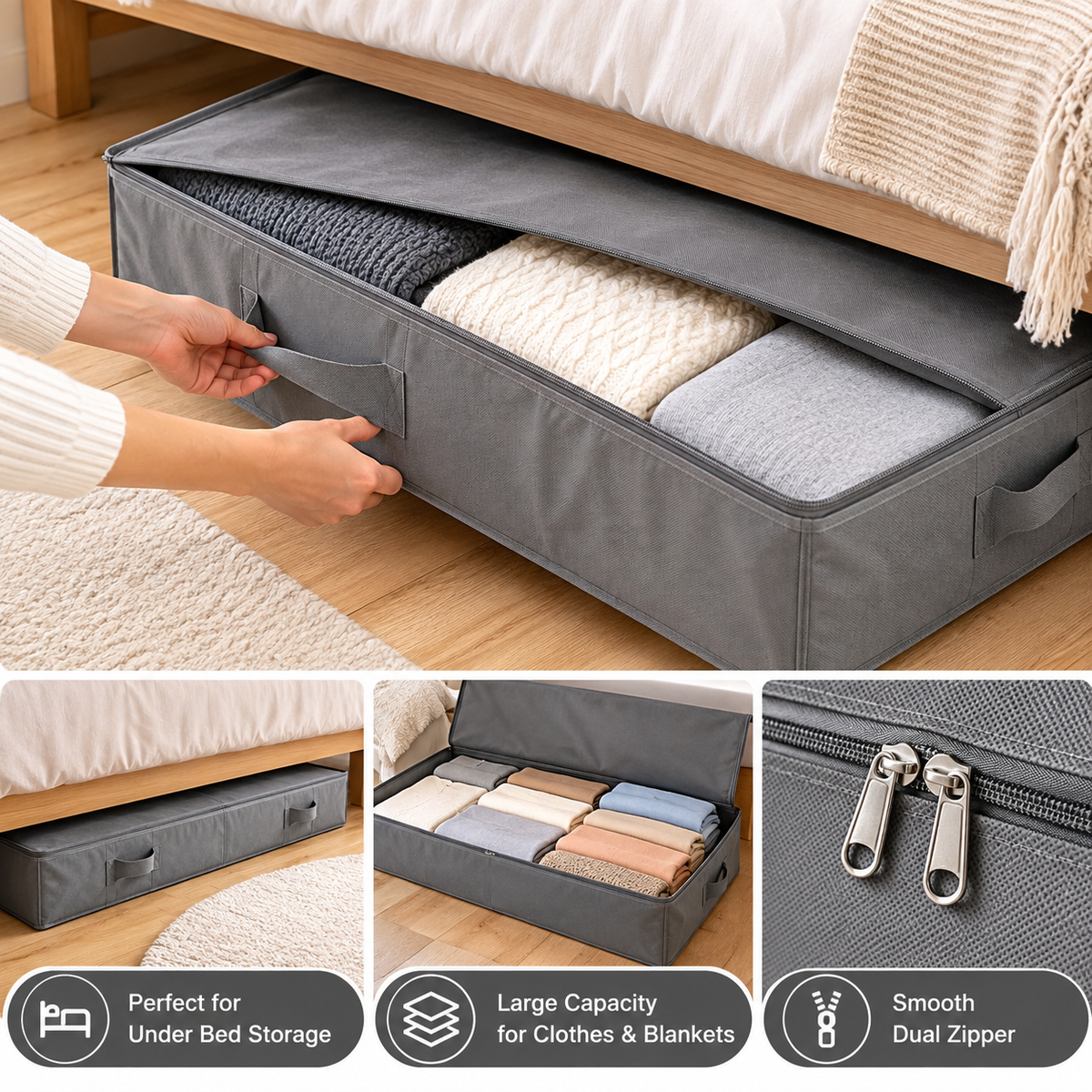 Gray under-bed storage organizer holding folded blankets and clothes