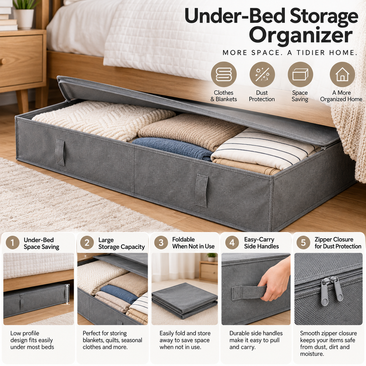 Low-profile under-bed organizer filled with folded linens