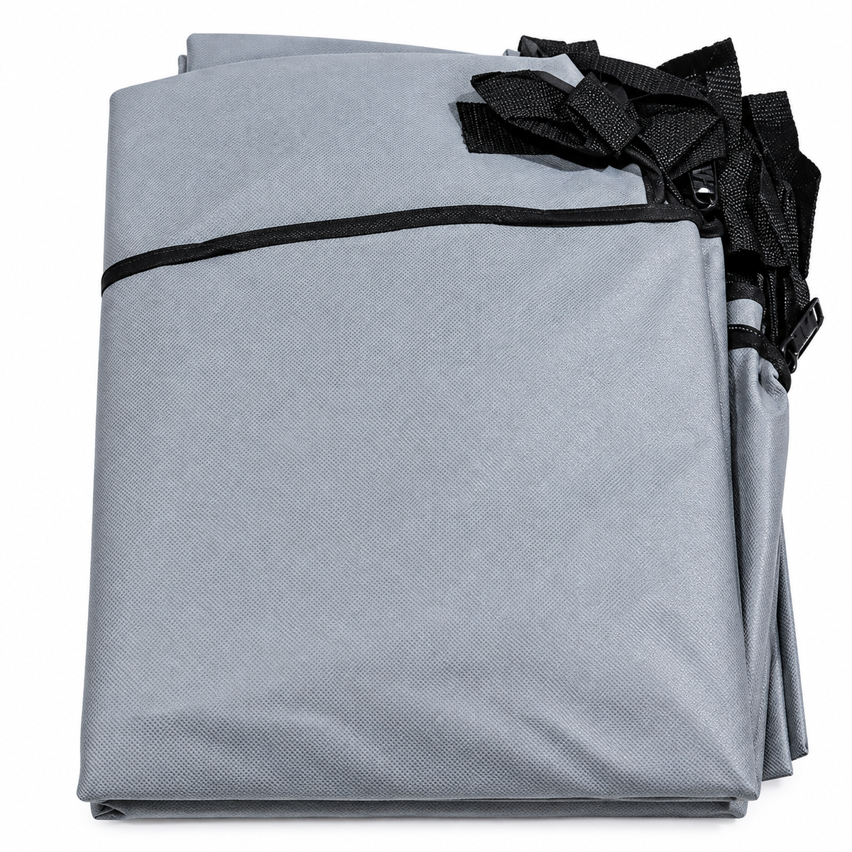 Gray cloth storage bag folded flat with black straps and a zipper closure.
