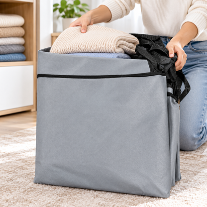 Open gray cloth storage bag with black straps, holding folded blankets.
