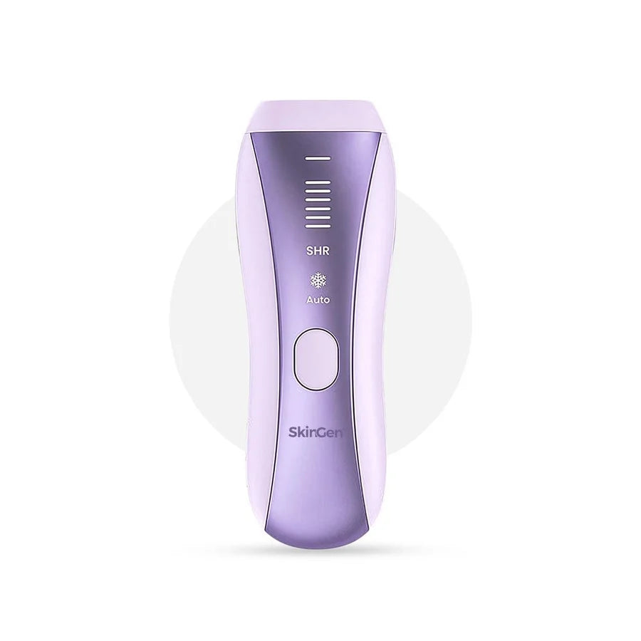 SkinGen FastFlash Smart IPL 2.0 handheld hair removal device in lavender with a control button