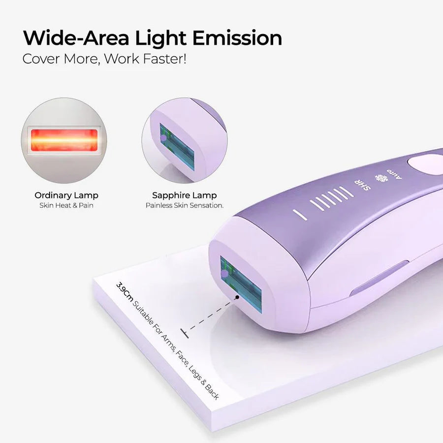 Lavender IPL hair removal device with a sapphire lamp and wide treatment window