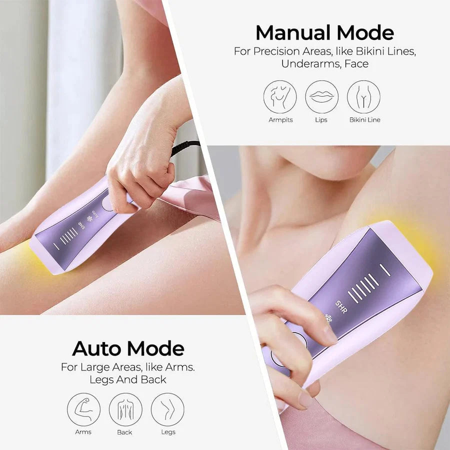 Lavender IPL hair removal device shown in manual and auto modes for targeted and large areas