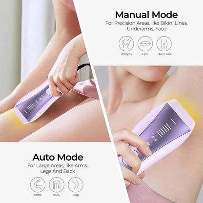 Lavender IPL hair removal device shown in manual and auto modes for targeted and large areas