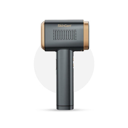 SkinGen Sapphire Ice IPL hair removal device with dark gray body and gold trim
