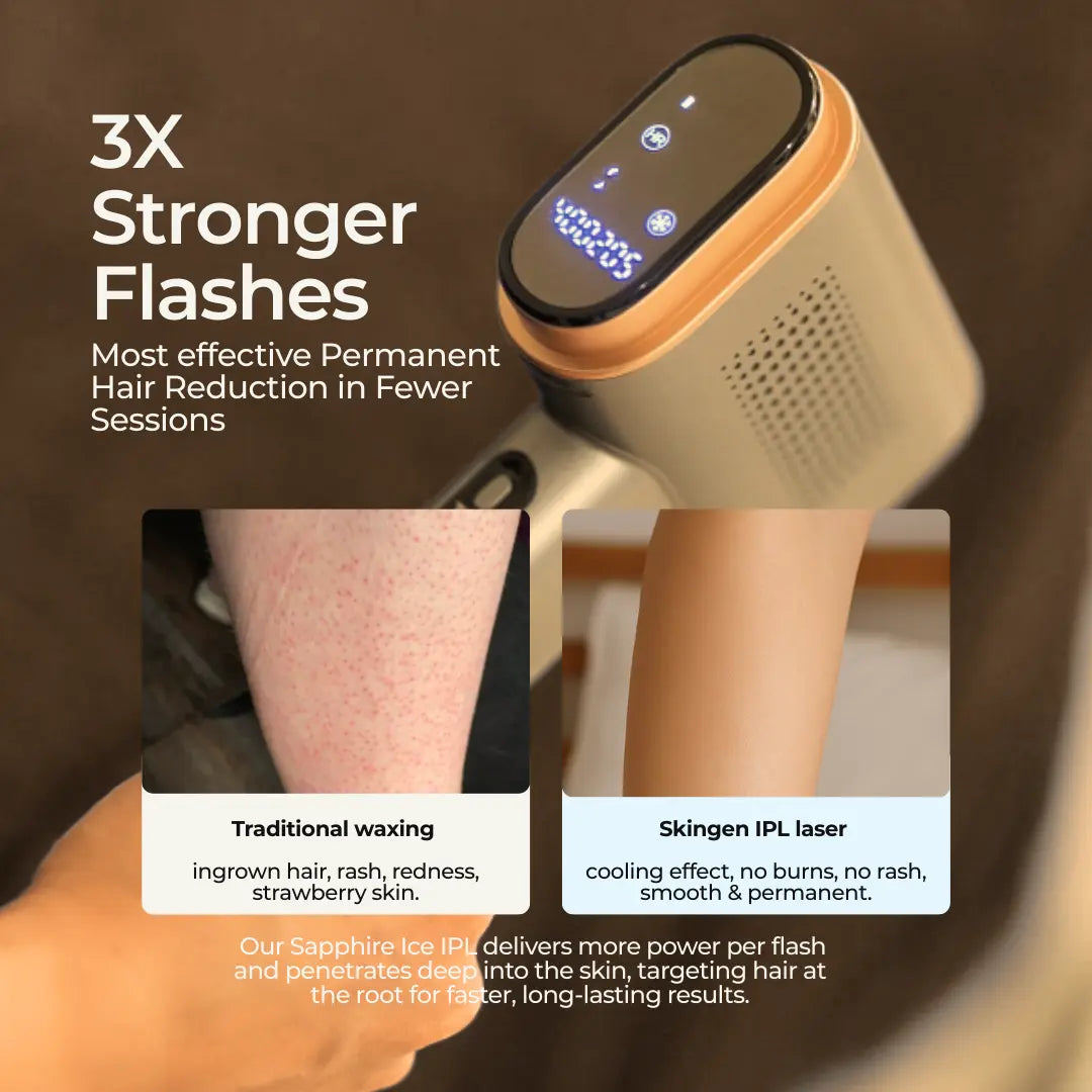 SkinGen Sapphire Ice IPL device with gold trim and illuminated digital display