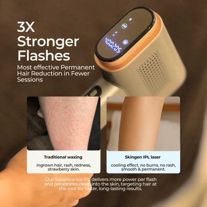 SkinGen Sapphire Ice IPL device with gold trim and illuminated digital display