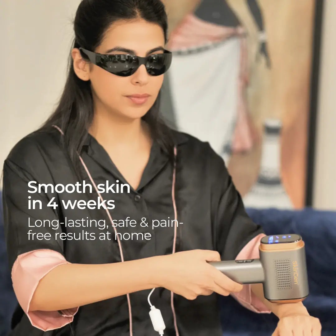 SkinGen Sapphire Ice IPL device used on an arm with protective eyewear