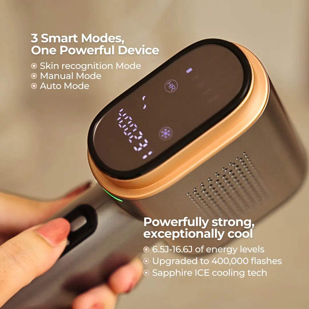 SkinGen Sapphire Ice IPL device close-up of digital controls and gold trim