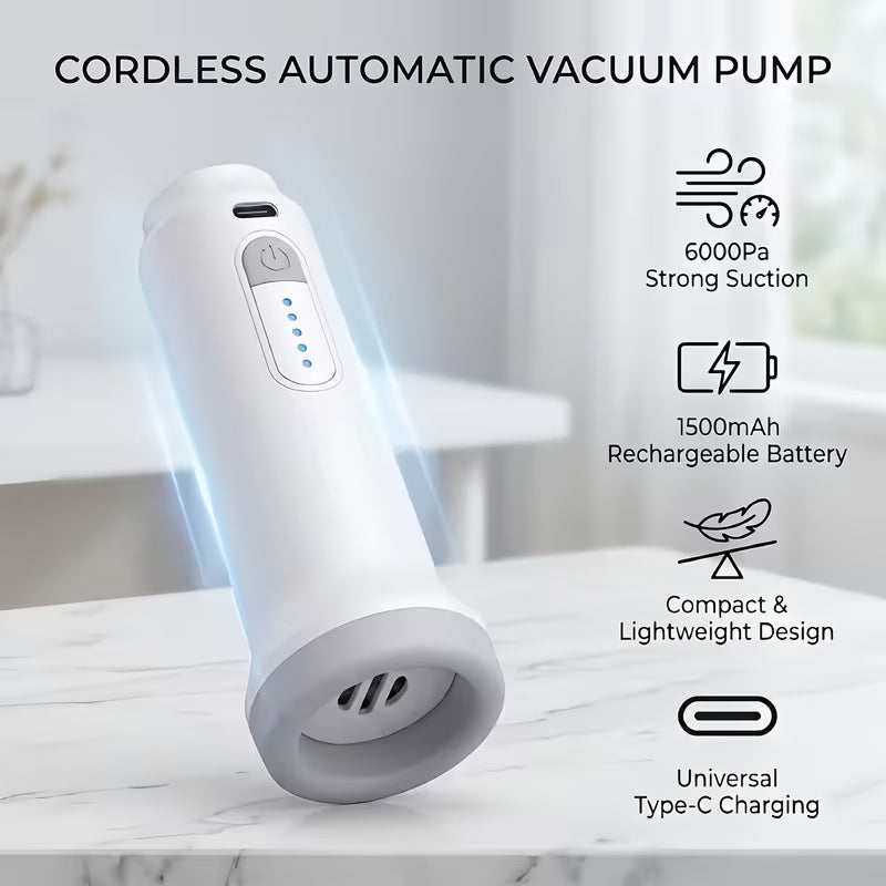 White cordless electric vacuum pump with a charging port and control buttons
