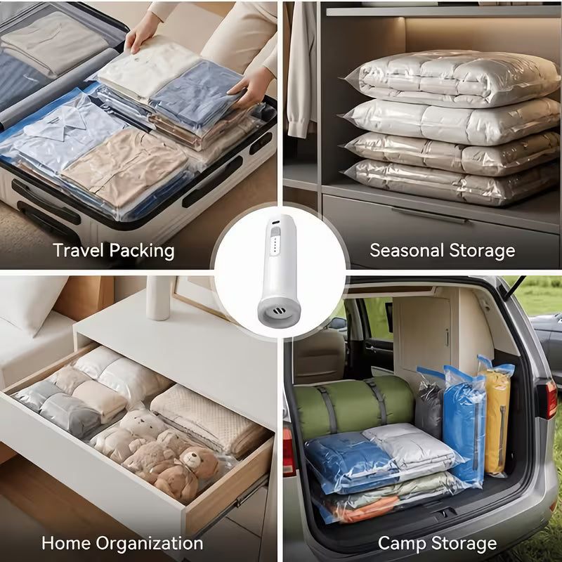 Vacuum storage bags compress clothing and bedding for travel, home, and camp storage