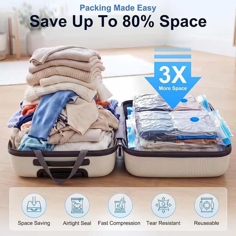 Open suitcase with folded clothes and vacuum storage bags packed side by side