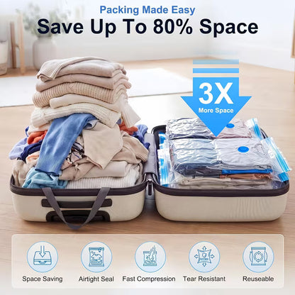 Open suitcase with folded clothes and vacuum storage bags packed side by side