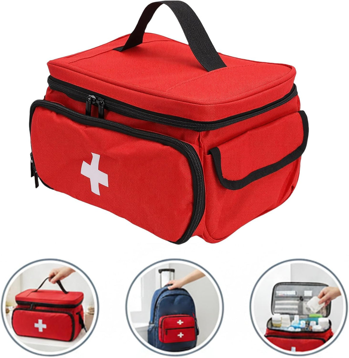 Red first aid bag with zip compartments, side pocket, black handle, and white cross