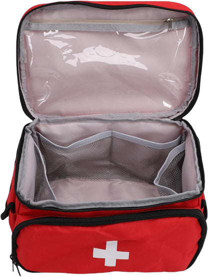 Open first aid bag with clear lid pocket, mesh organizers, and a front zip compartment