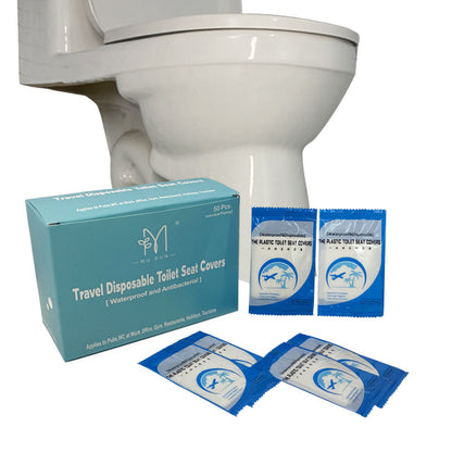 Disposable toilet seat covers in blue individual packets with a 50-count box.