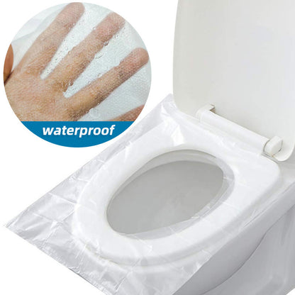 Clear disposable toilet seat cover fitted over a toilet seat, shown as waterproof.