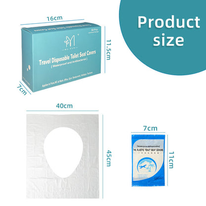 White disposable toilet seat cover with dimensions shown beside its packet and box.