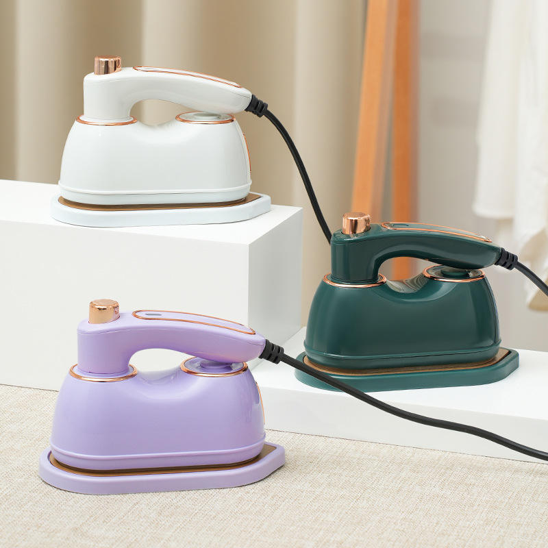 Portable folding clothes iron shown in white, dark green, and lavender
