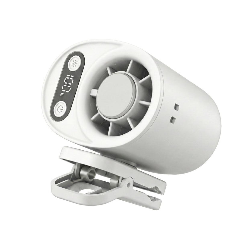 White waist-mounted fan with digital controls, front grille and clip base
