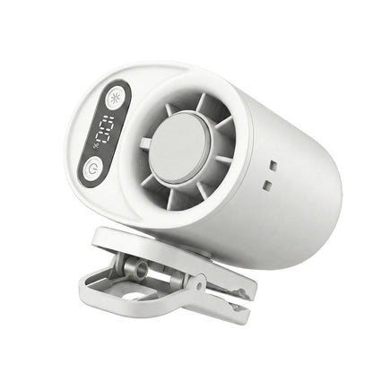 White waist-mounted fan with digital controls, front grille and clip base