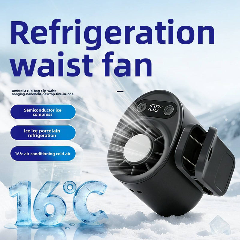 Black clip-on waist fan with digital display and front grille