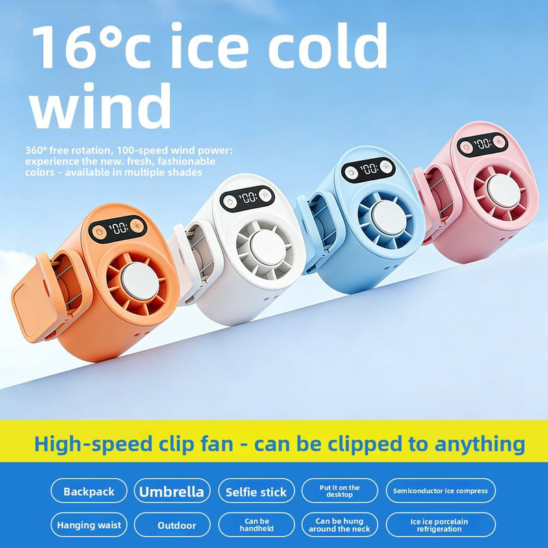 Clip-on fan in orange, white, blue and pink, with adjustable base