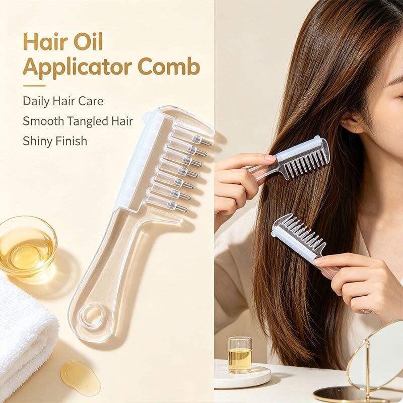 Clear scalp liquid applicator comb with reservoir and long handle, shown in use on hair.