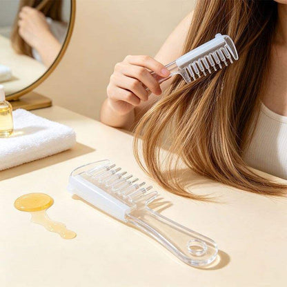 Clear scalp applicator comb shown brushing long hair, with its reservoir and handle visible.