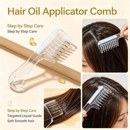 Clear liquid applicator comb with a row of metal-tipped teeth for targeted scalp application.