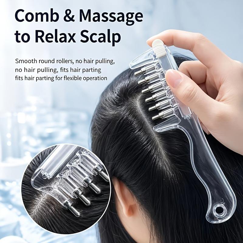 Clear scalp comb with smooth metal-tipped rollers shown parting hair for massage.