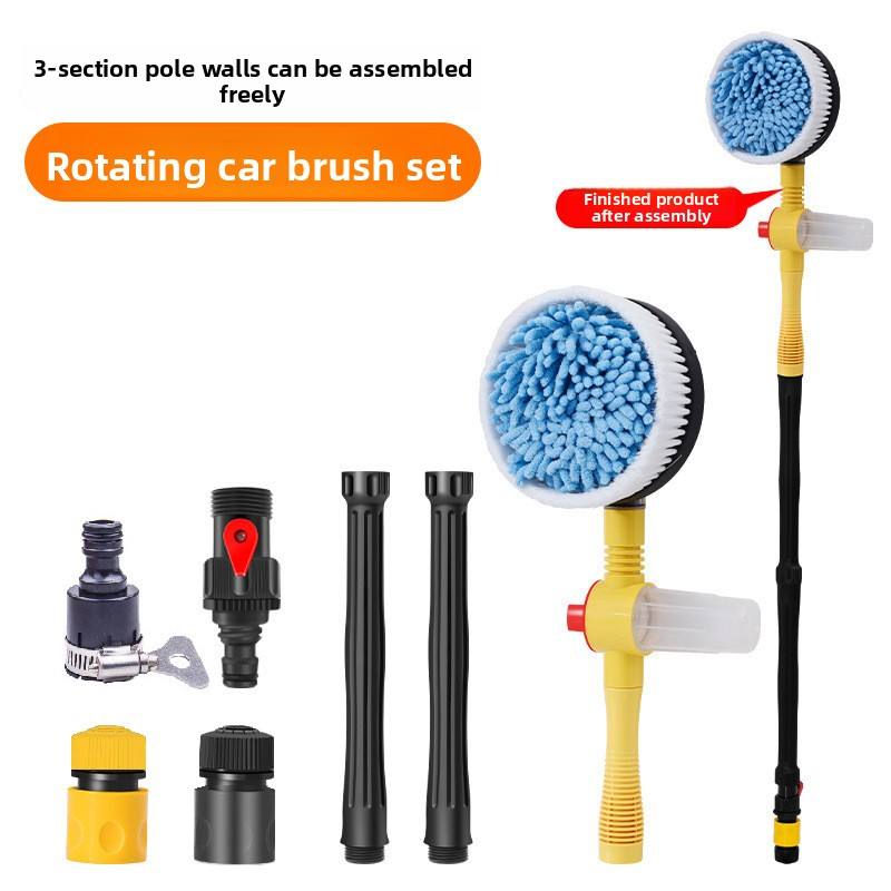 Car wash brush set with blue chenille head, three-section pole, and assorted hose fittings