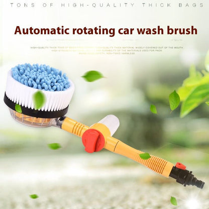 Rotating car wash brush with blue chenille pad, white bristles, soap reservoir, and yellow pole