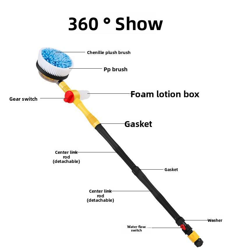 Car washing tool with detachable pole, rotating brush head, soap reservoir, and water flow switch