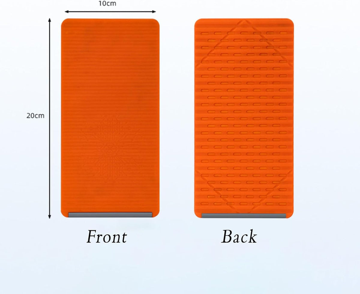 Orange foldable silicone phone stand shown front and back, with 10 by 20 cm dimensions.