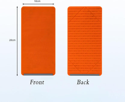 Orange foldable silicone phone stand shown front and back, with 10 by 20 cm dimensions.