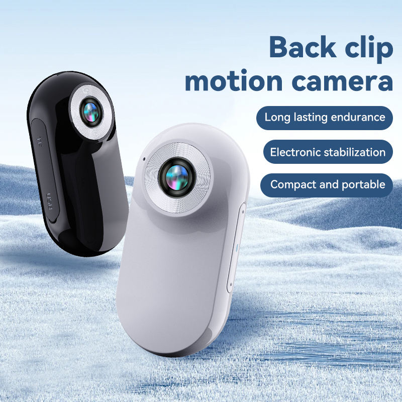 Mini-Motion View clip-on motion camera shown in black and white, with front lenses and side controls