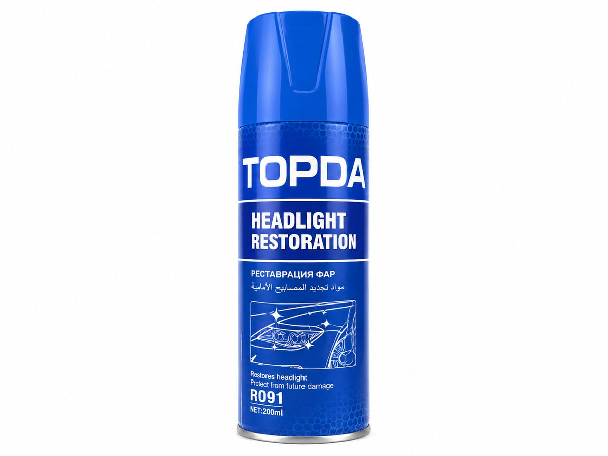 TOPDA headlight restoration spray in a blue 200 ml aerosol can.