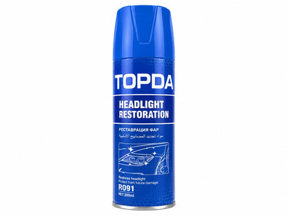 TOPDA headlight restoration spray in a blue 200 ml aerosol can.