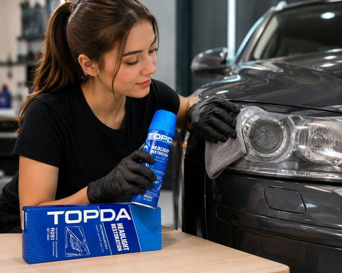 TOPDA headlight restoration spray can and box beside a car headlight.
