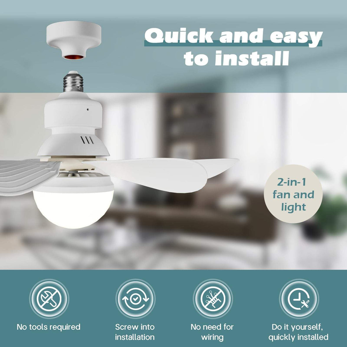 White screw-in ceiling fan light with broad removable blades and frosted globe