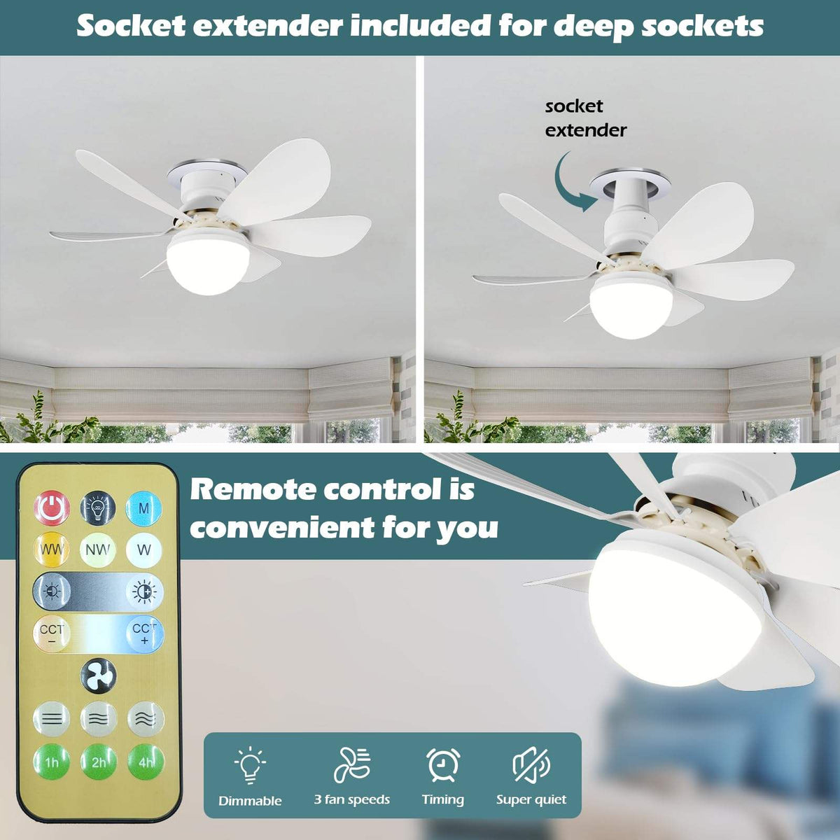 White ceiling fan light with five blades, socket extender, and remote control