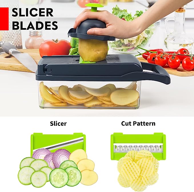 Manual veggie slicer chopper with raised slicer blades and green cut-pattern inserts