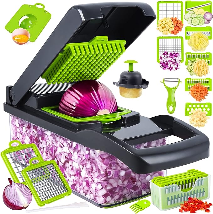 Manual vegetable slicer chopper with green grater insert and purple shred tray