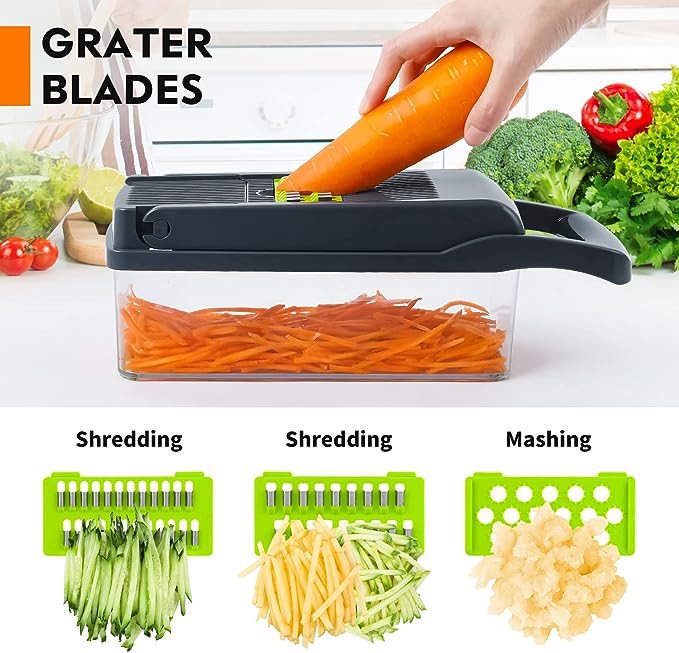 Manual vegetable grater chopper with orange blade and clear collection container